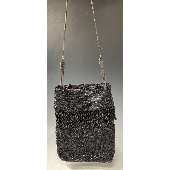 Antique Vintage 20th C.  Dark Black Red Beaded Flapper Art Deco Glass Purse Bag - Picture 14 of 16